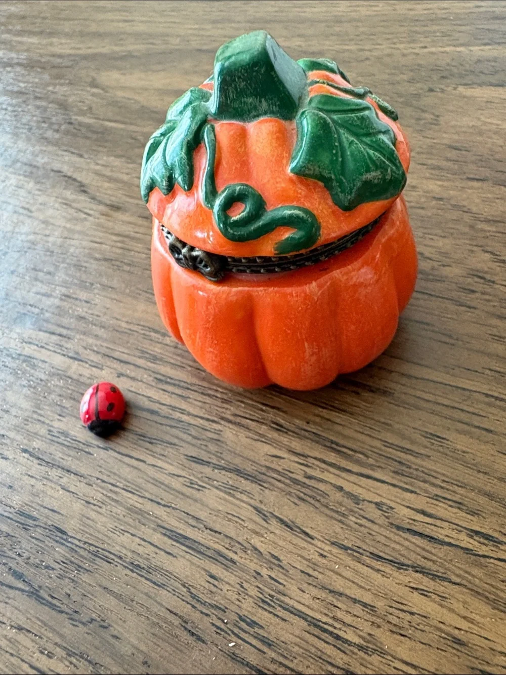 Orange Ceramic Pumpkin Hinged Ceramic Box with Green Leaf Lid and a Lady Bug
